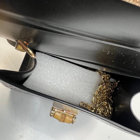 Vintage Style Black Croc Embossed Handbag Bamboo Handle Gold Clasp Purse Bag - Picture 4 of 7